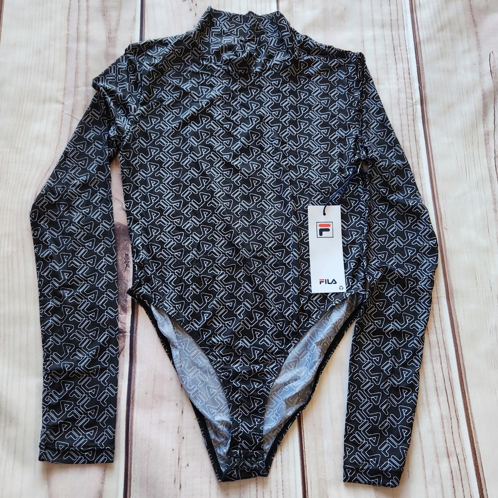 NWT Fila "Gaganga Sheer Bodysuit" Logo Black White Mock Neck | Women's Size S - Picture 5 of 11